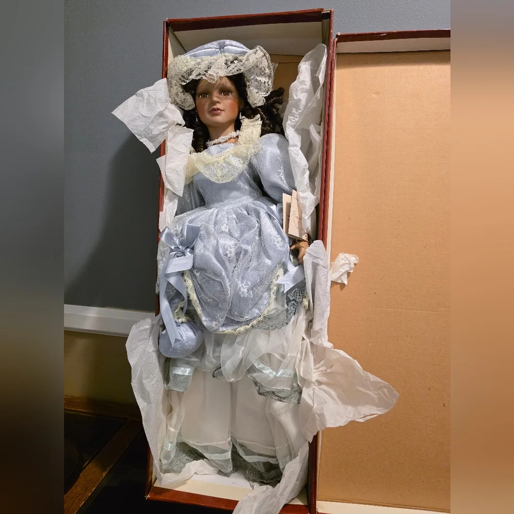 Elegant Blue Victorian Porcelain Doll - Picture 1 of 2